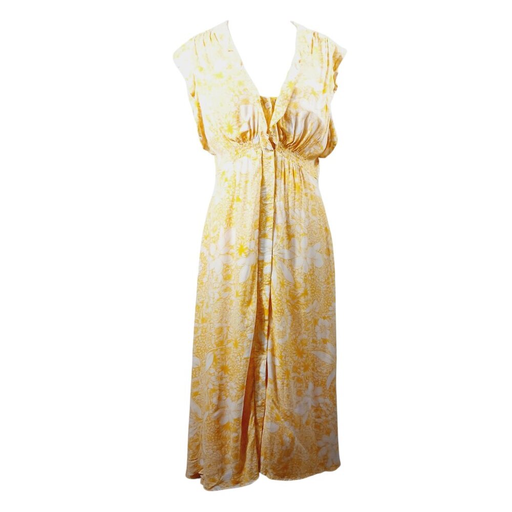 Taylor, Yellow & White Floral Midi Dress, Med., Lined, Ruffled Neck & Sleeve
